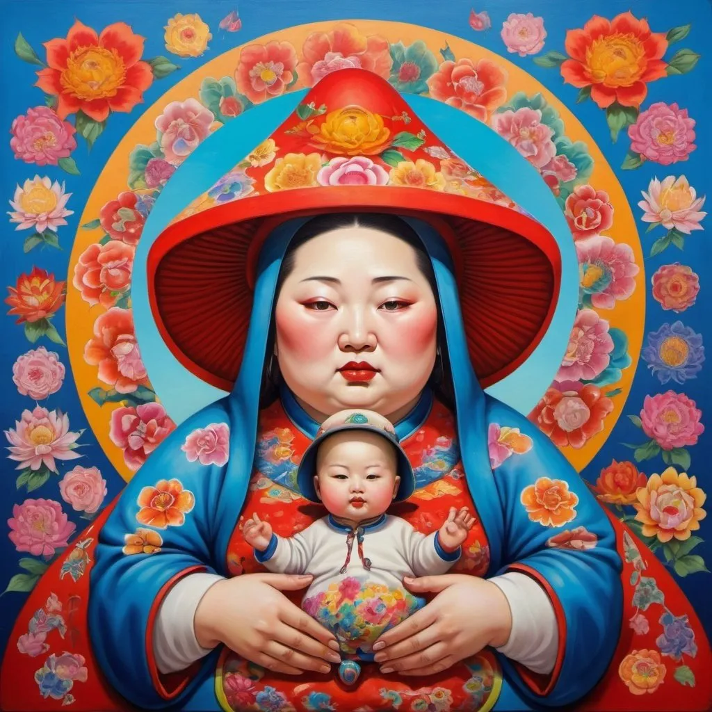 Prompt: Surrealistic colorful painting of a chinese fat madonna with a hat, many patterns, background colorful chinese flowers