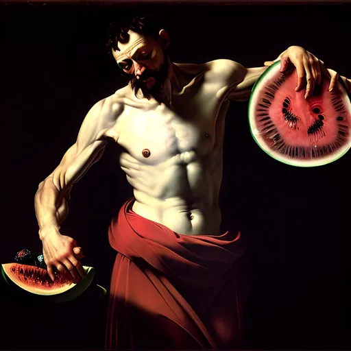 Prompt: Caravaggio, Tiziano. A man standing on a watermelon. He is very old, short grey hair, bare fooded, left arm holding a serpent. Right arm before his body, holding the sun. 