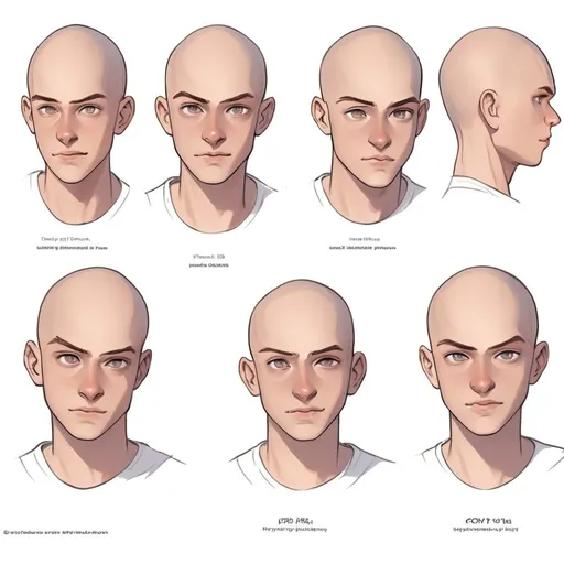 Prompt: Face and head only. reference sheet. thin, confident 21 year old boy, square chin, skinny jeans, bald, professional shading, dynamic poses, character design, reference sheet, detailed eyes, happy, exciting, professional, highly detailed, high-quality digital illustration, professional shading, dynamic poses, character design, reference sheet, detailed eyes, professional, color, lightly tanned skin