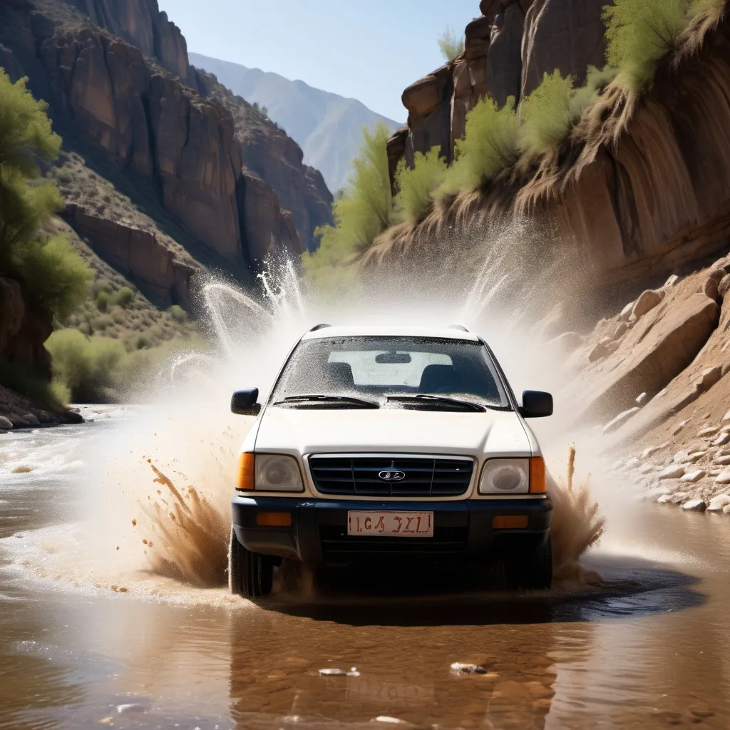 Prompt: The camera is directly tangent to the water, a river in the mountains and a little bit of dust, a car comes from the front and spreads the water around with pressure.  A splash of water has been thrown around the car