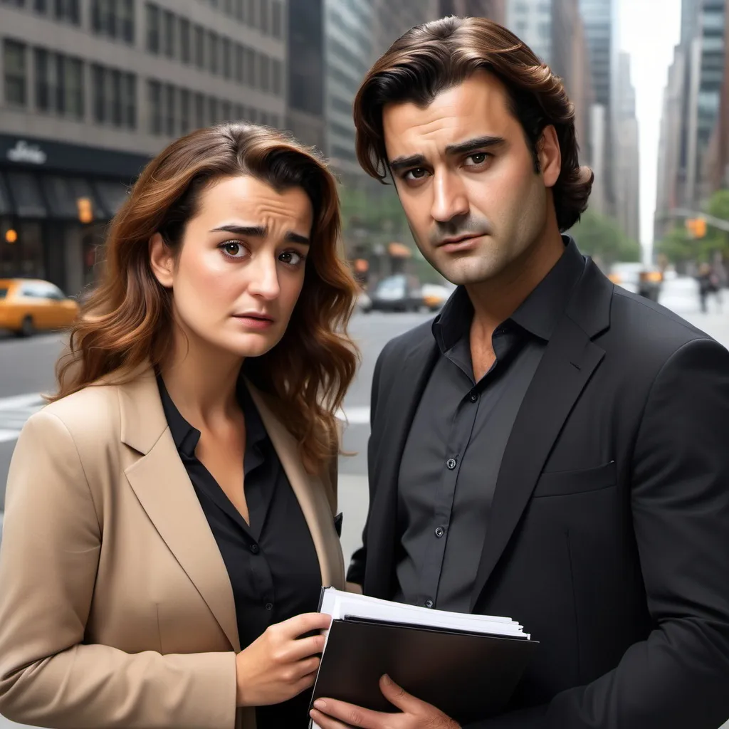 Prompt: In a striking contrast, a very wonderful woman resembling Cote de Pablo with long light brown hair and deep marron eyes with office outfit. She cry with a folder in her hands. In front of her is a very handsome man resembling  Engin Ozturk with medium ginger hair, deep black eyes with black shirt. They are in a ofiice, in New York. Tension and drama vibes, realistic being human.