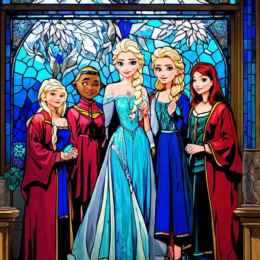 Prompt: Stained glass Elsa and her crew 