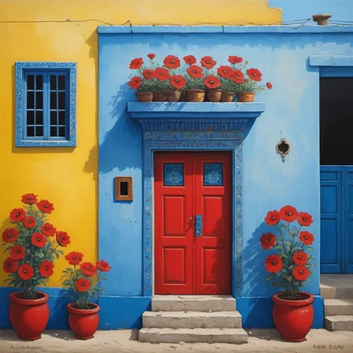 Prompt: a blue and yellow building with a red flower painted on it's side and a blue door with a red flower painted on it's side, Amir Zand, naive art, complementing colors, a detailed painting