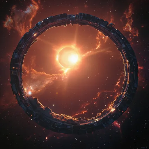 Prompt: Circular space station, (futuristic design), encircling a radiant sun, (vibrant colors), cosmic backdrop filled with stars and nebulae, serene and awe-inspiring ambiance, (highly detailed), metal and glass textures reflecting the glow of the eclipse, (dynamic light effects), dynamic shadows, (HD) quality image, emphasizing the vastness of space surrounding the station. The inside of the ring is covered with vast landscapes