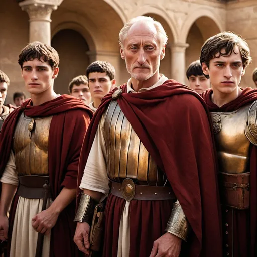 Prompt: Movie poster with actor Charles Dance as a Roman scholar, actor Tanner Buchanan as a Roman peasant, actor Raymond Ablack as a Roman centurion, actor Alden Ehrenreich as a Roman scholar, actor Joel Courtney as a Roman scholar, highres, detailed, historical, dramatic, realistic, warm tones, cinematic lighting