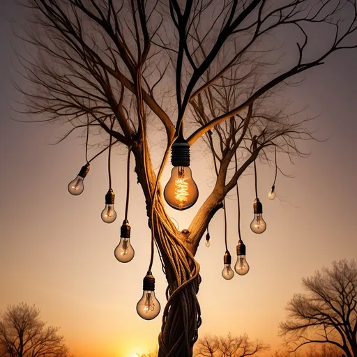 Prompt: A light bulb being help up by 4 brown ropes with rough edges flying above a dry tree with no leaves in a sunset set up in the garden with dense vegetation the brancea of the tree trying to hold the light bulb ropes down