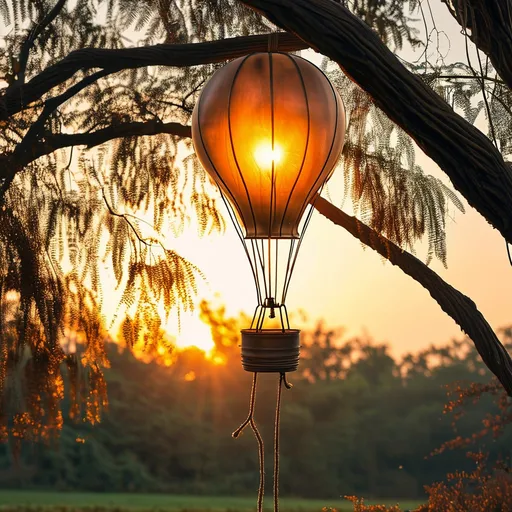 Prompt: A very big light bulb like a hot air baloon flying and being help up by 4 brown ropes with rough edges flying above a dry tree with no leaves in a sunset set up in the garden with dense vegetation the brancea of the tree trying to hold the light bulb ropes down