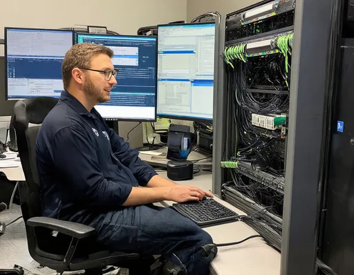 Prompt: Office job. Fred is sitting next to the company supercomputer. many screens, and a huge network of wires. a technician is sitting next to him 
