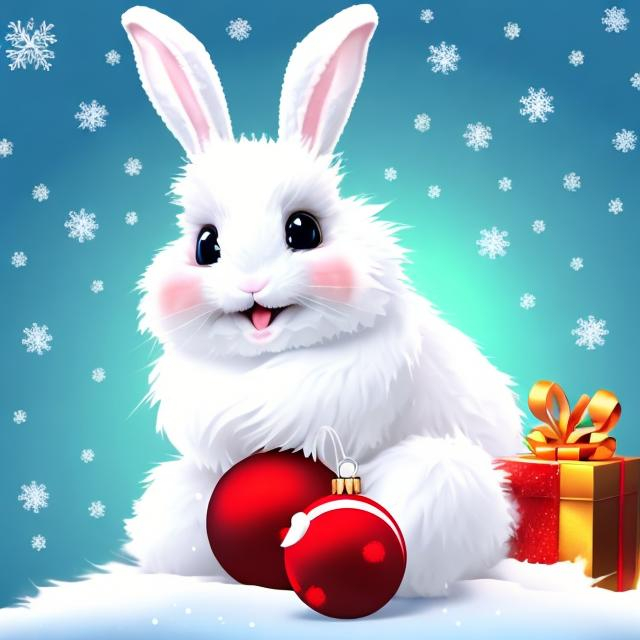 Prompt: cute fluffy rabbit christmas background