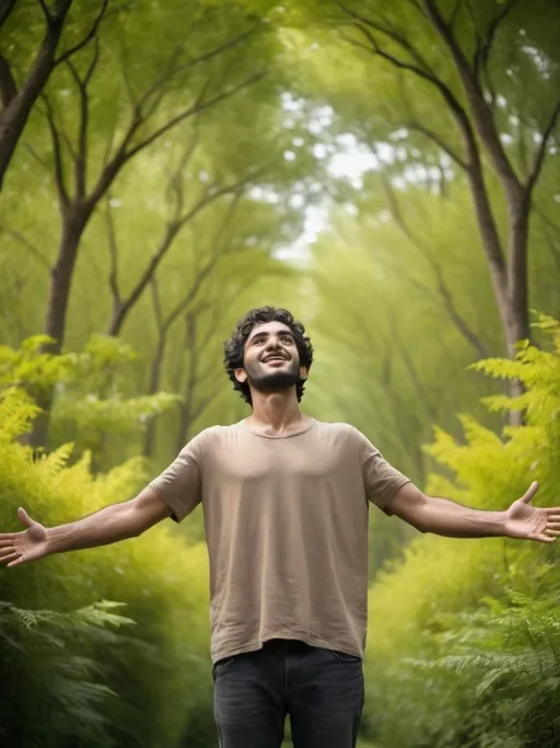 Prompt: a man with his arms outstretched in the air in front of a forest of trees and bushes with his arms outstretched, Fathi Hassan, aestheticism, single body, a picture