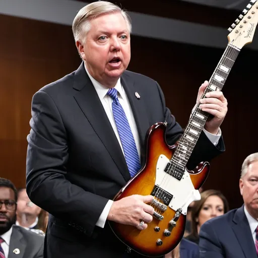 Prompt: lindsey graham absolutely shredding the electric guitar