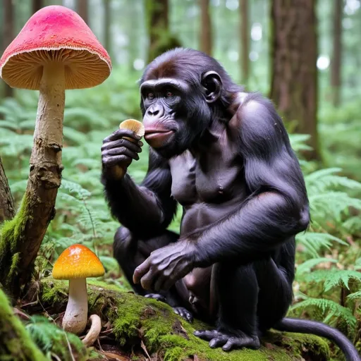 Prompt: Psychedelic ape looking at mushroom