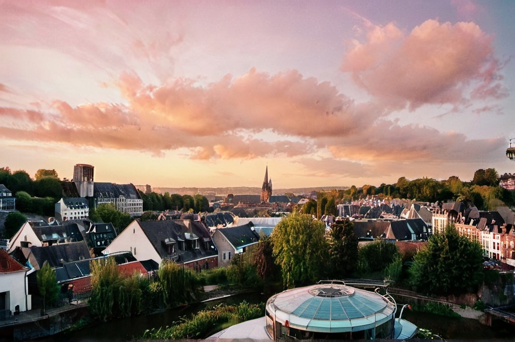 Prompt: Create with a flight view of the city Ciney located in Belgium. The image should be in panoramic format.