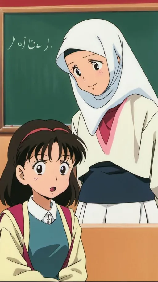 Prompt: 1990s anime screencap, a school girl wearing islamic hijab talking to her teacher, anime scene, Mirai Shōnen Conan, 