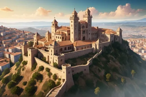 Prompt: golden age spanish castle, on a hill top, surrounded by a spanish golden age city, birdview, immersive world-building, high quality, detailed, epic scale, fantasy, game style, vibrant colors, dawn