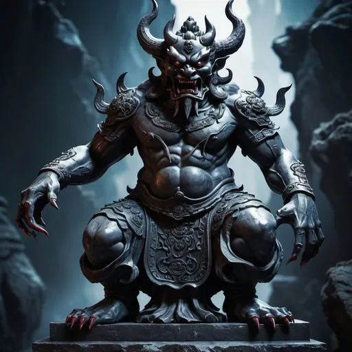 Prompt: Chinese Statue, male demon, terrifying, made of dark stone, immersive world-building, high quality, detailed, epic scale, fantasy, game style, vibrant colors, dark and eerie lighting