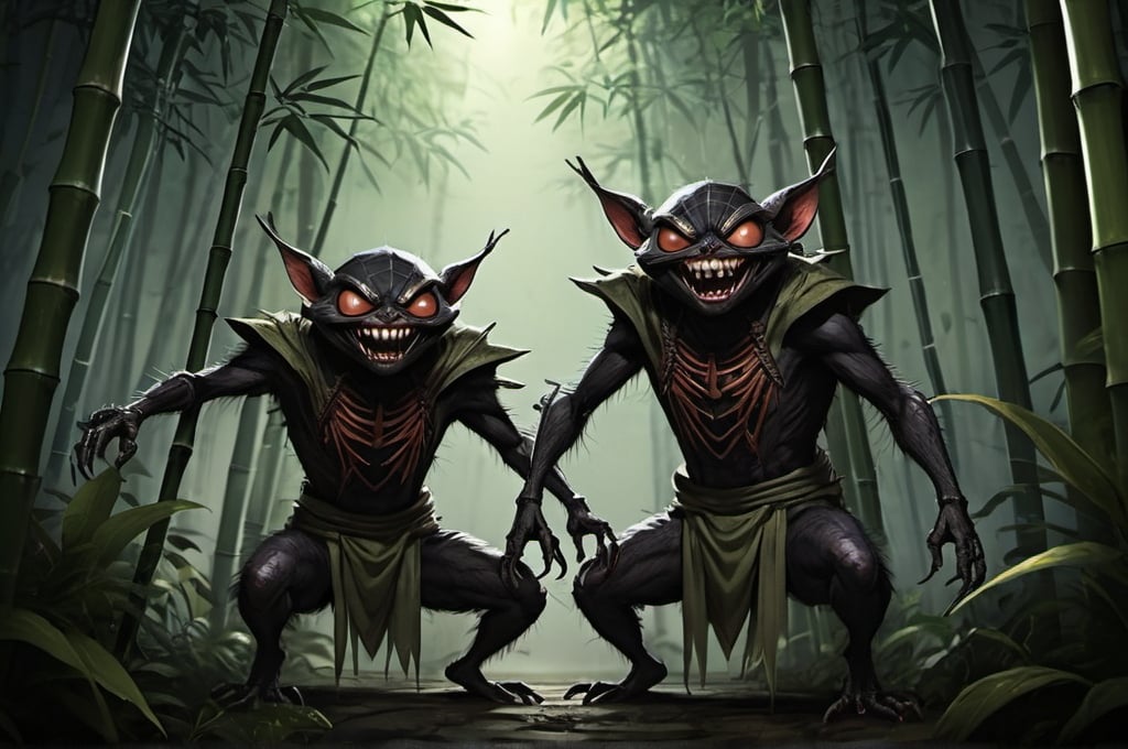 Prompt: Full body, three male spidergremlins malicious eyes and grin, dark, skin, mystical atmosphere, RPG-fantasy, intense, detailed, game-rpg style, dim lighting, fantasy, otherwordly ambiance, bamboo forest