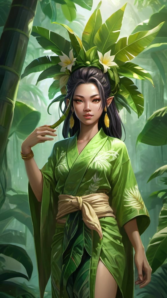 Prompt: Nang Tani, female Thai banana tree spirit, wearing green Thai robe, hair decorated with bananatree leaves and bananablossoms, 
green glowing eyes, beautiful, mystical atmosphere, RPG-fantasy, intense, detailed, game-rpg style, bright lighting, fantasy, detailed character design, 
atmospheric, otherwordly ambiance