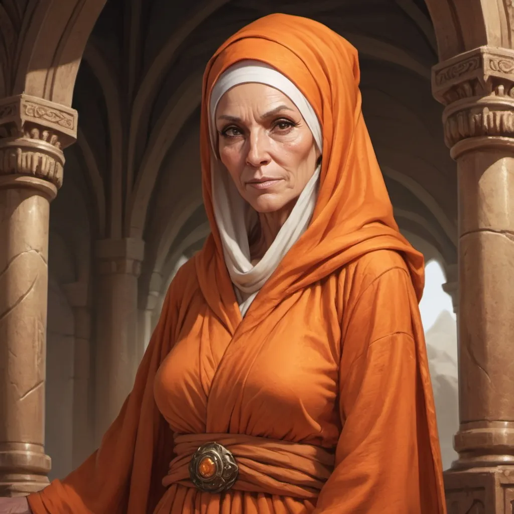 Prompt: Full body, Fantasy illustration of a female clecric, 60 years old, oliv skin tone, wearing a plain orange robe and a orange headscarf, motherly expression, high quality, rpg-fantasy, detailed, Temple