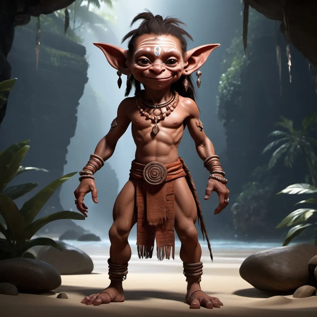 Prompt: Full body, Alux, male mayan goblin like creature, copper skin, tiny and slim body, wearing beautiful loincloth and delicate jewellery, very long ponytail, exremly long pointy nose, cunning eyes and grin, mystical atmosphere, RPG-fantasy, intense, detailed, game-rpg style, dim lighting, fantasy, detailed character design, 
atmospheric, otherwordly ambiance, djungle background