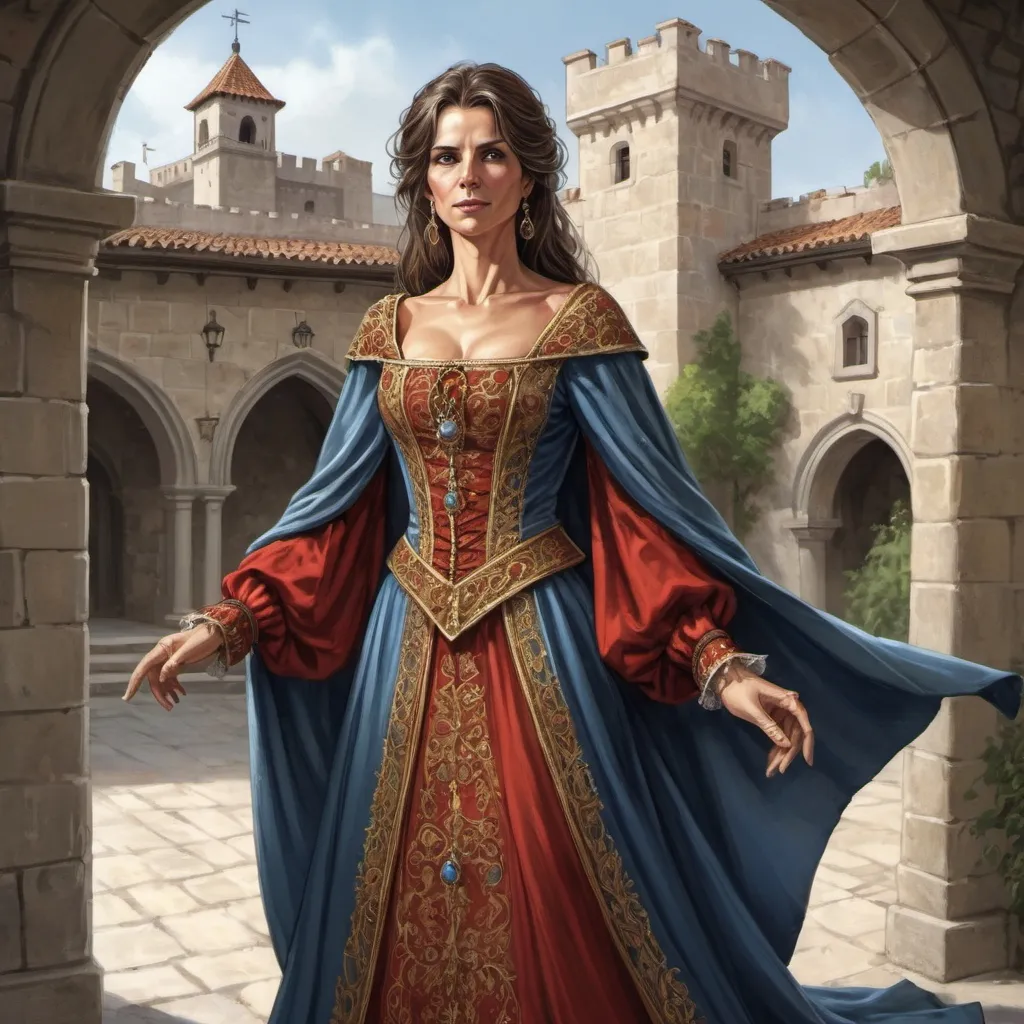 Prompt: Full body, Fantasy illustration of a spanish noble woman, 48 years old, traditional garment, vail, faithfull expression, high quality, rpg-fantasy, detailed, castle