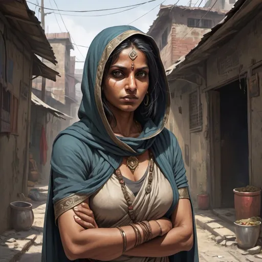 Prompt: Full body, Fantasy illustration of the head of a thiefes guild, indian female, middle aged, athletic, sari and hooded cloak, calculating look, opportunistic expression, high quality, rpg-fantasy, detailed, indian slums in the background