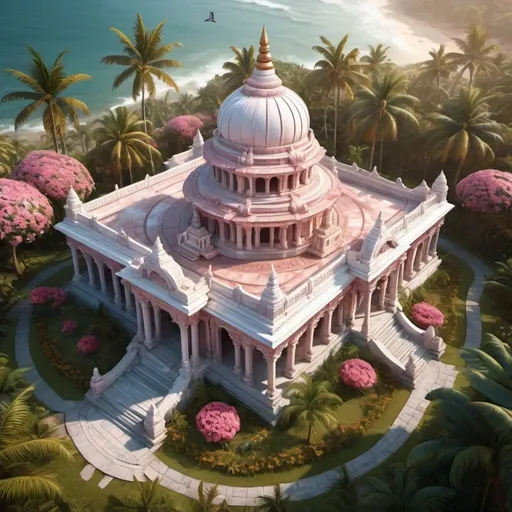 Prompt: Fantasy illustration of an sri lankan temple, entire structure with high dome, white and rose marble materials,  intricate carvings and ornate details, birdview, immersive world-building, high quality, detailed, epic scale, fantasy, game style, vibrant colors, atmospheric lighting, garden background with roses and palms