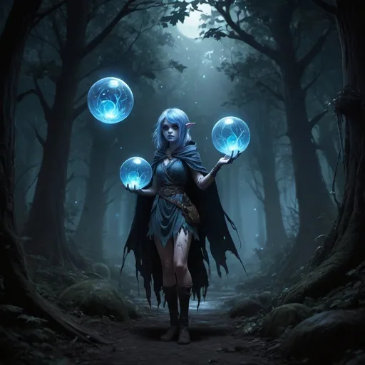 Prompt: Full body, 5 will-o-whisps, eerie blueish lightballs, mystical atmosphere, RPG-fantasy, intense, detailed, game-rpg style, dark and eerie lighting, fantasy, 
detailed character design, atmospheric, otherwordly ambiance, dark fairy forest background