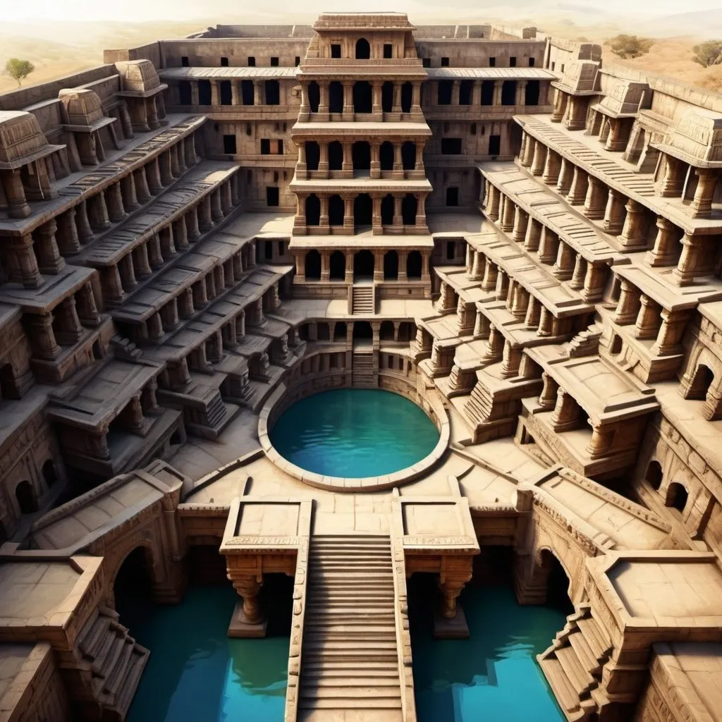 Prompt: Fantasy Illustration of a huge indian stepwell, rani ki vav, rich ornaments, rpg-fantasy, entire  structure, birdview, high quality, detailed, epic scale, fantasy, game style,