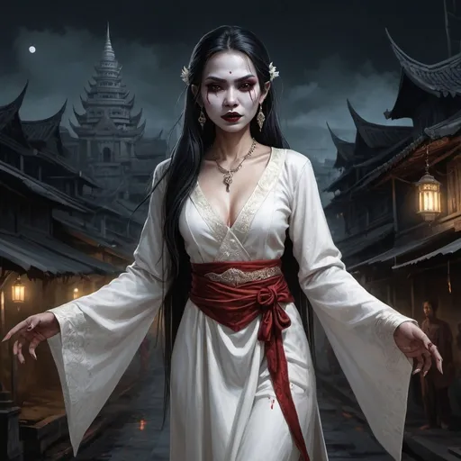 Prompt: Full body, Fantasy illustration of a Pontianak, female vampire from malayan folklore, white traditional clothing, sinister expression, high quality, rpg-fantasy, dark and eerie atmosphere, detailed, ancient malayan city background, nighttime, illustrated, art