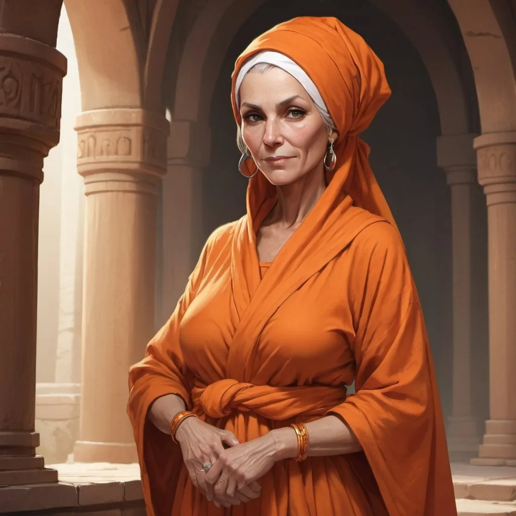 Prompt: Full body, Fantasy illustration of a female clecric, 60 years old, oliv skin tone, wearing a plain orange robe and a orange headscarf, motherly expression, high quality, rpg-fantasy, detailed, Temple