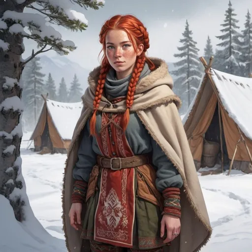 Prompt: Full body, Fantasy illustration of a female laplander, 23 years old, curious expression, traditional lappish garment, cloak, red braided hair, freckles, high quality, rpg-fantasy, detailed, snow covered lappish camp background