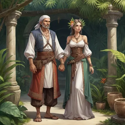 Prompt: Full body, Fantasy illustration of a merchant couple, both around 33 years, fine medivial garment, worried expression, holding hands, high quality, rpg-fantasy, tropical garden