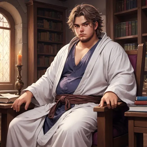 Prompt: Magic student, tanned skin, teenage male, Tousled hair, stubble beard, sloppy, chubby, distracted expression, medivial style robe, full body, common room, rpg-fantasy