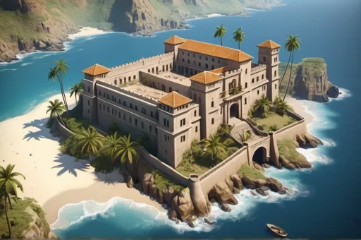 Prompt: Colonial spanish fortress and prison, entire structure, stone materials, birdview, placed near the coast surrounded by palms, immersive world-building, high quality, detailed, epic scale, rpg-fantasy
