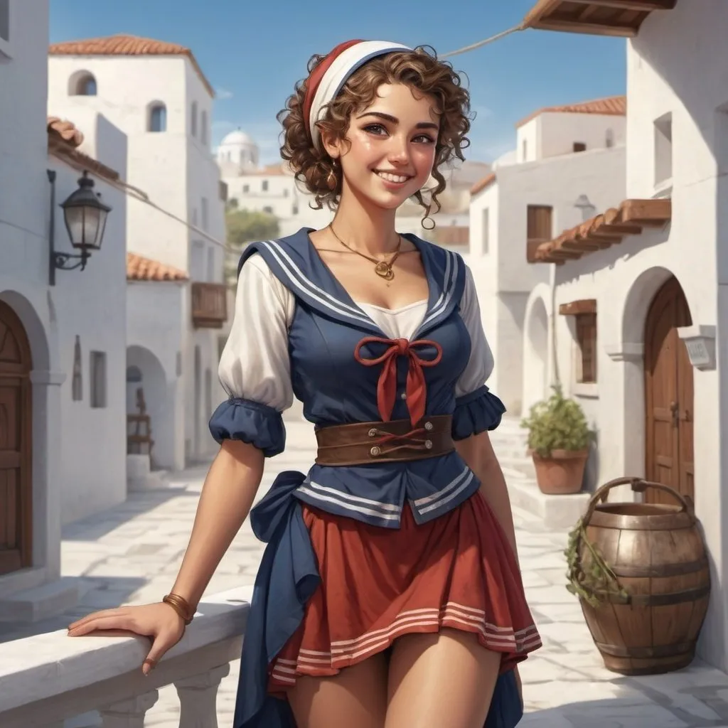 Prompt: Full body, Fantasy illustration of a female sailor, 22 years old, greek, beautiful, oliv skin, tradition garment, headscarf, curly hair, joyfull expression, smile, high quality, rpg-fantasy, detailed, greek town background