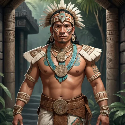Prompt: Full body, Fantasy illustration of a male mayan nobleman, 40 years old, traditional garment, jaguar skin, exquisitive jewellery, proud and strong, closed expression, high quality, rpg-fantasy, mayan town