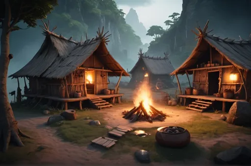 Prompt: small djungle settlement, centered by a shaman hut, campfire, dramatic fantasy settlement scene, cinematic lighting