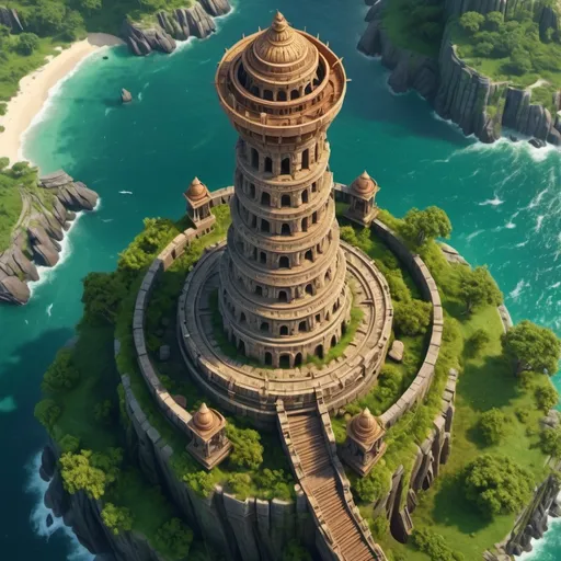 Prompt: ancient tower, Indian architecture, huge beacon on top of the tower, on an island in the sea, rpg-fantasy, rich ornaments, limestone material, green surroundings, entire structure, intricate carvings and ornate details, birdview, high quality, detailed, epic scale, fantasy, game style,