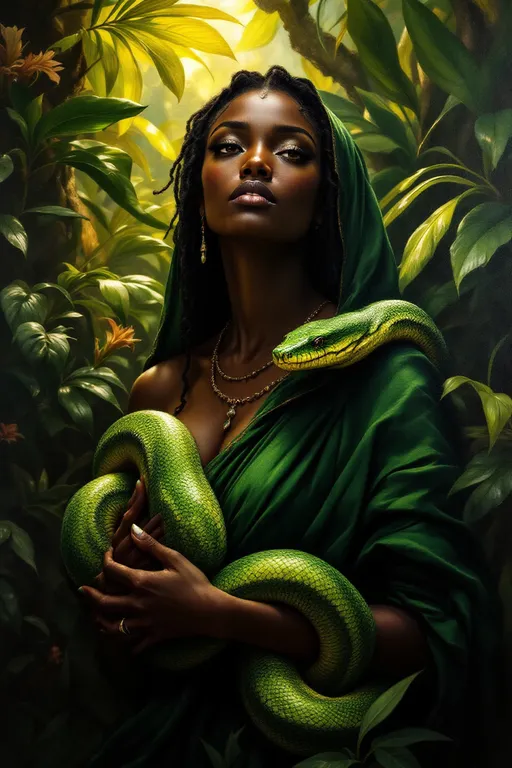 Prompt: An evocative oil painting in the Italian Renaissance style, showcasing a resplendent black goddess of wisdom draped in a rich dark green toga, exuding an aura of grace and authority. Her expression is serene yet powerful, with soulful eyes that seem to hold ancient knowledge. She gently cradles an emerald tree boa, its rich green scales shimmering against the depths of the lush jungle background. Sunlight filters through the dense canopy overhead, casting warm golden rays that illuminate her figure and create a play of light and shadow across the vibrant foliage. The air is thick with the earthy scent of damp earth and blooming exotic flowers, while the soft rustling of leaves adds a sense of tranquility to this captivating scene.