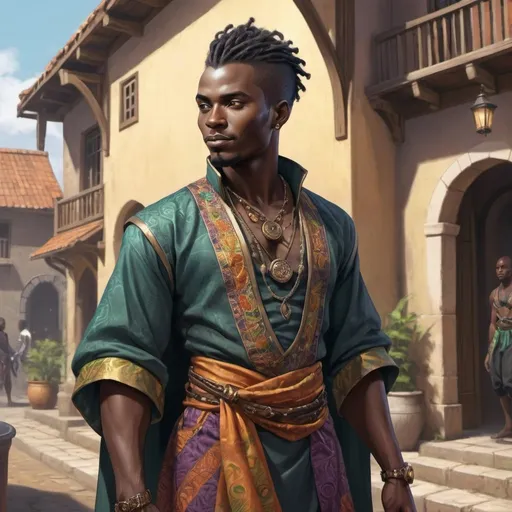 Prompt: Full body, Fantasy illustration of a male black noble, 30 years old, attractive, black skin, fancy hairstyle, colorfull and elegant african-style garment, uppish expression, high quality, rpg-fantasy, detailed, in a african-style fantasy town