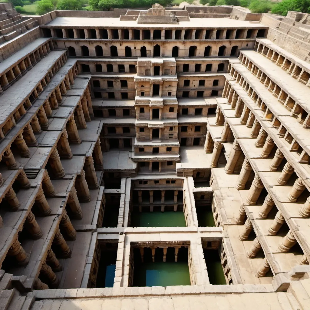 Prompt: Huge Indian stepwell, rani ki vav, rpg-fantasy, complete structure, birdview