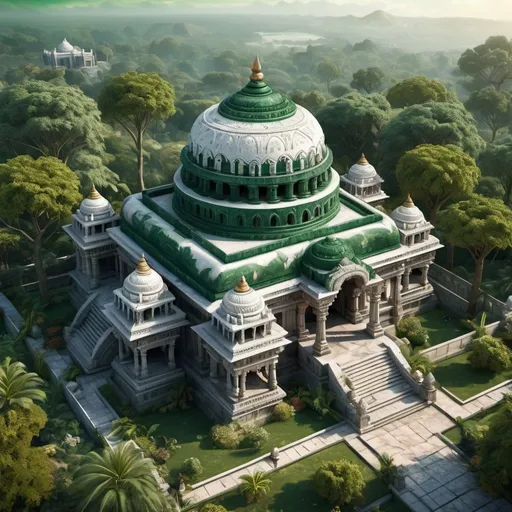 Prompt: Fantasy illustration of an Indian temple, entire structure with huge dome, white and dark green marble materials, garden surroundings, intricate carvings and ornate details, birdview, immersive world-building, high quality, detailed, epic scale, fantasy, game style, vibrant colors, atmospheric lighting