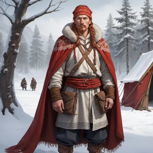 Prompt: Full body, Fantasy illustration of a male laplander, 35 years old, wary expression, traditional lappish garment, cloak, red braided hair, long mustache, high quality, rpg-fantasy, detailed, snow covered lappish camp background