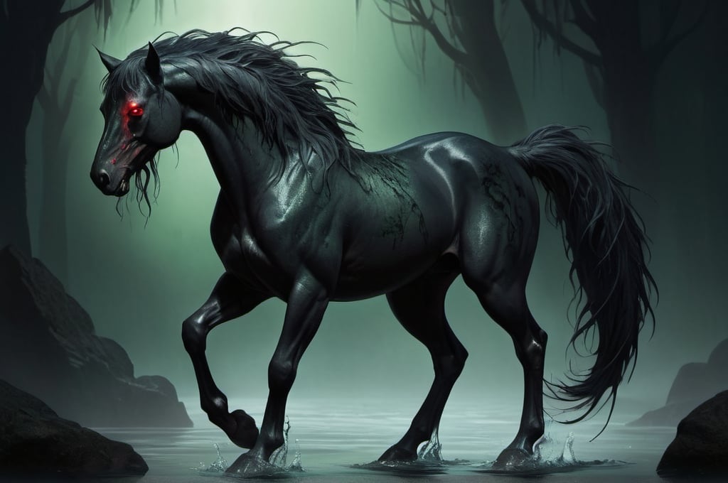 Prompt: Full body, Fantasy illustration of kelpie, black horse, very skinny and bony, demonic apperance, black fur, mane and tail made from dark green seaweed, glowing red eyes, high quality, rpg-fantasy, horror, sinister look, dark and eerie lighting, detailed character design, atmospheric, spooky ambiance