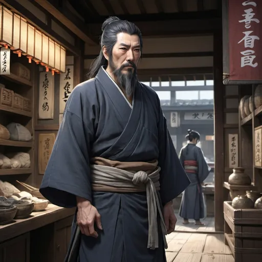 Prompt: Full body, japanese merchant, male, fifty years old, black hair and beard,  pensive expression, RPG-fantasy, intense, detailed, game-rpg style, fantasy, detailed character design, atmospheric, japanese shop