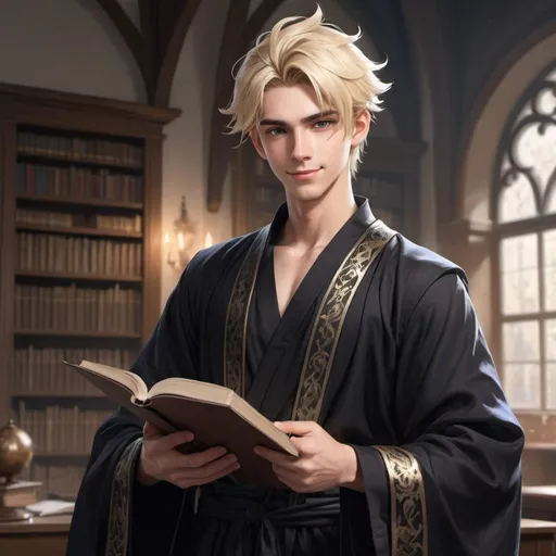 Prompt: full body, Magic student, teenage male, handsome, blond fancy hairstyle, confident expression, smiling, medivial style black robe, study room, rpg-fantasy