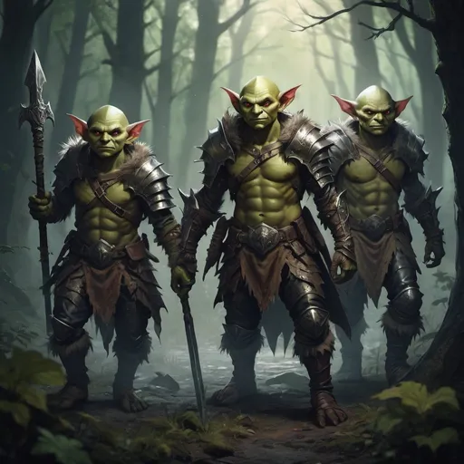 Prompt: Full body, three male wild goblins, wearing pelt and leather armor,  mystical atmosphere, RPG-fantasy, intense, detailed, game-rpg style, dim lighting, fantasy, otherwordly ambiance,   forest