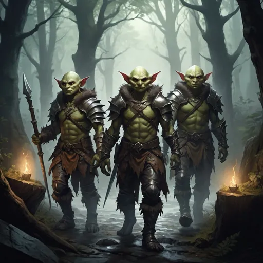 Prompt: Full body, three male wild goblins, wearing pelt and leather armor,  mystical atmosphere, RPG-fantasy, intense, detailed, game-rpg style, dim lighting, fantasy, otherwordly ambiance,   forest