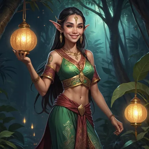 Prompt: Full body, Fantasy illustration of a malayan elf, beautiful, bright shining skin, dark hair, colorfull traditional East malayan garment, mysterious expression, smiling, high quality, rpg-fantasy, mystical lighting, detailed, djungle background, nighttime, illustrated, art